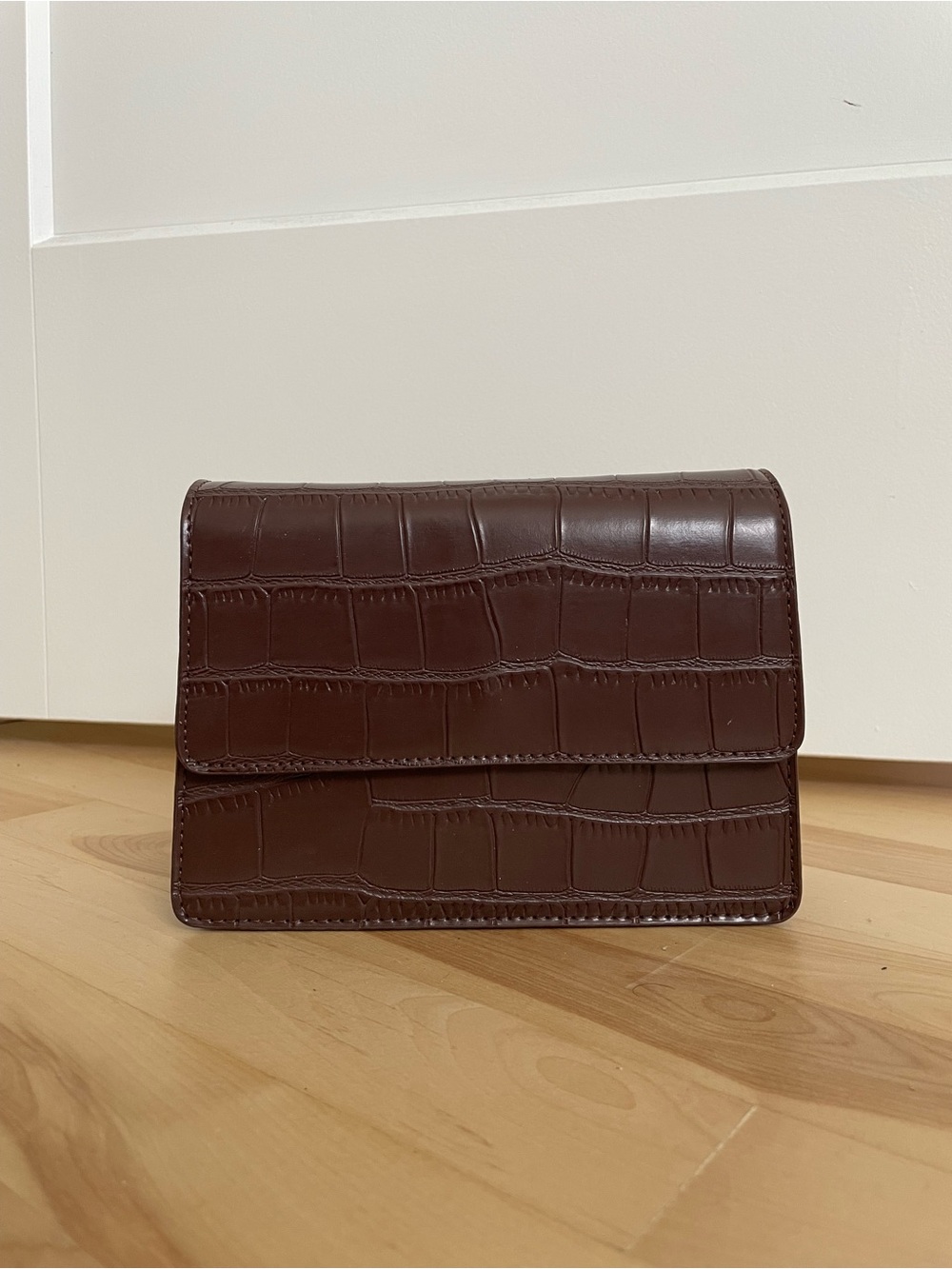 Croc Embossed Chocolate Brown Leather Clutch to Crossbody Bag